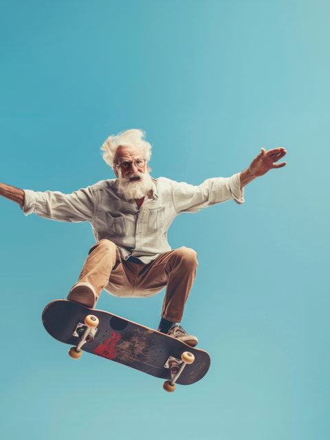 Ein Mann mit weißem Bart springt mit einem Skateboard durch die Luft.