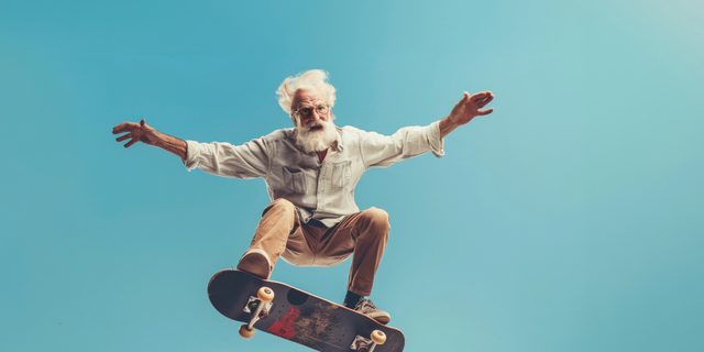 Ein Mann mit weißem Bart springt mit einem Skateboard durch die Luft.