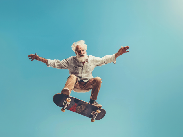 Ein Mann mit weißem Bart springt mit einem Skateboard durch die Luft.