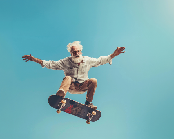 Ein Mann mit weißem Bart springt mit einem Skateboard durch die Luft.