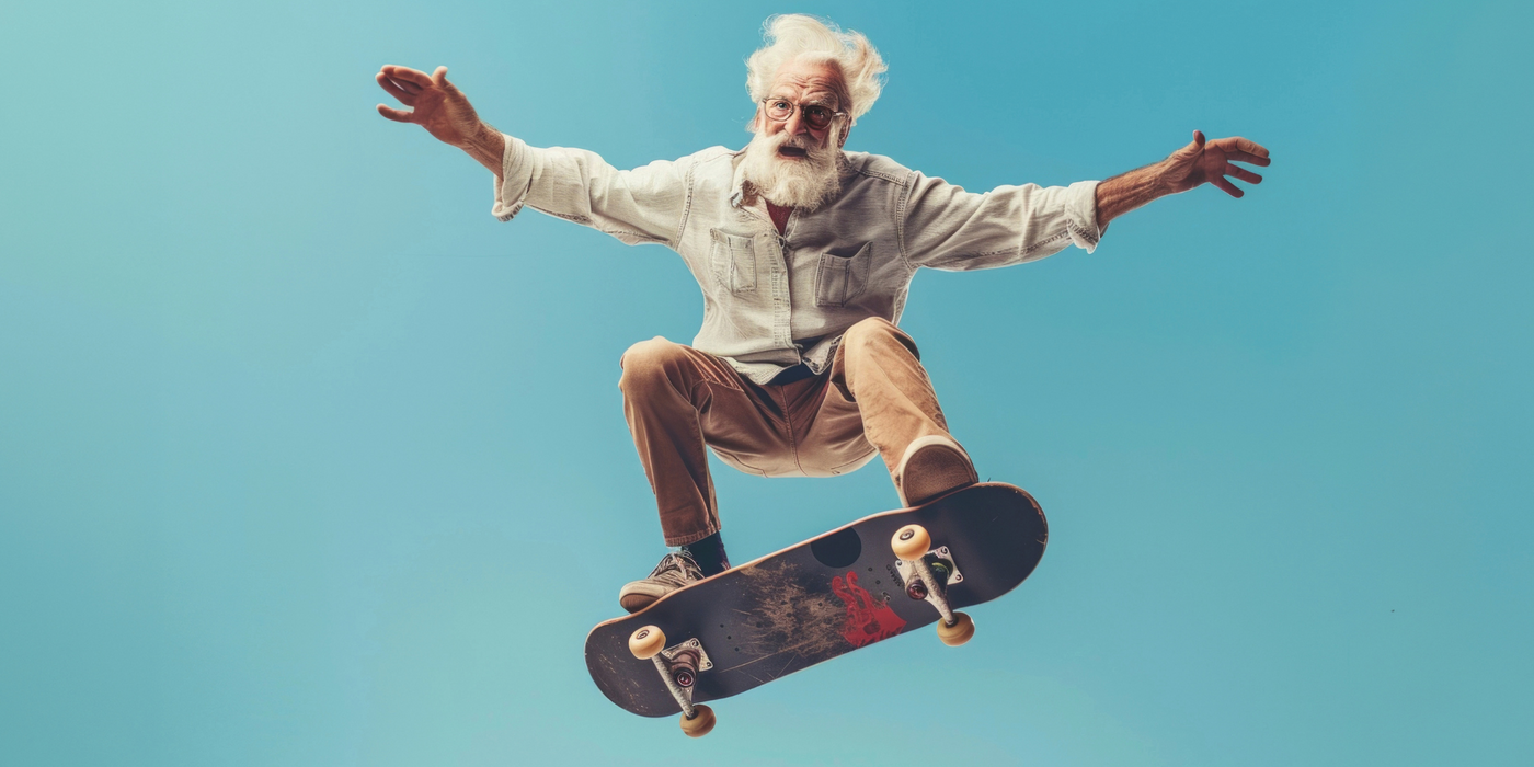 Headerbild zur Glasfaservermarktung von weser connect in Minden Nord. Das Bild zeigt einen älteren Mann auf einem Skateboard und vermittelt den Start des Glasfaserausbaus. Es begleitet die Überschrift „Jetzt geht's aber los!“ und weist auf den Baubeginn im ersten Ausbaugebiet hin.