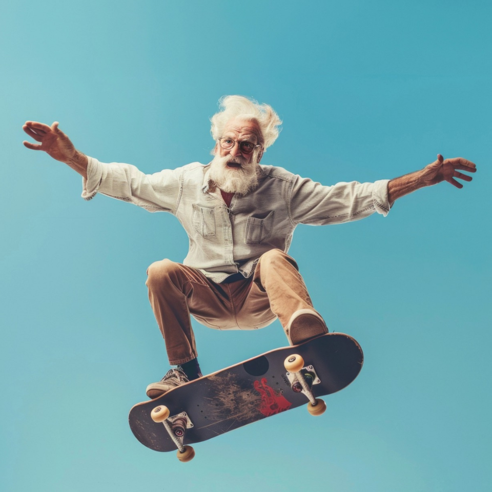 Älterer Mann auf einem Skateboard mit der Überschrift „Jetzt geht's aber los!“ als Symbol für den Start des Glasfaserausbaus in Minden Nord.